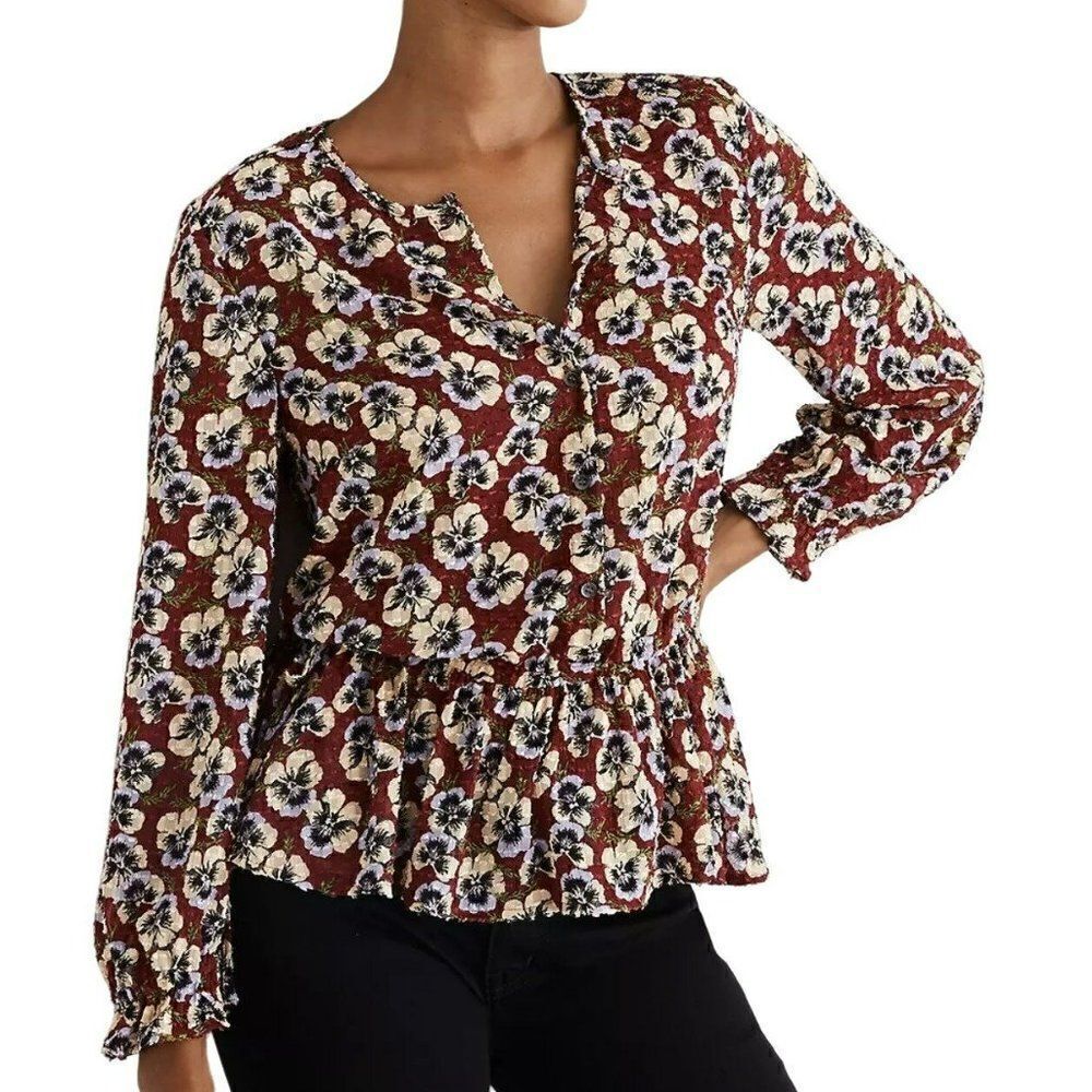 Madewell Viola Floral Drawstring Ruffle Hem Top Long Sleeve Sheer Burgundy Small